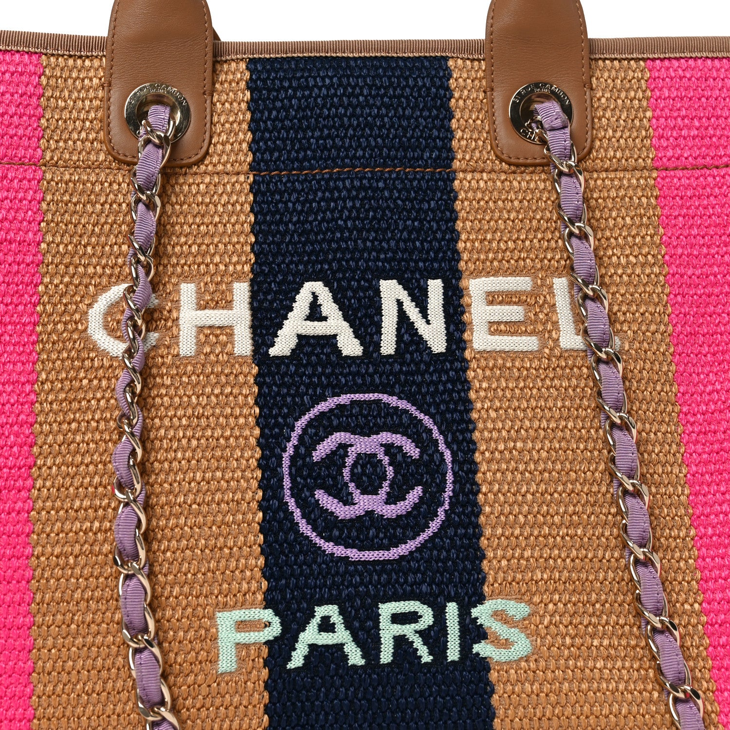 Straw Raffia Calfskin Striped Medium Deauville Tote Dark Beige Fuchsia Navy Blue - Image 8