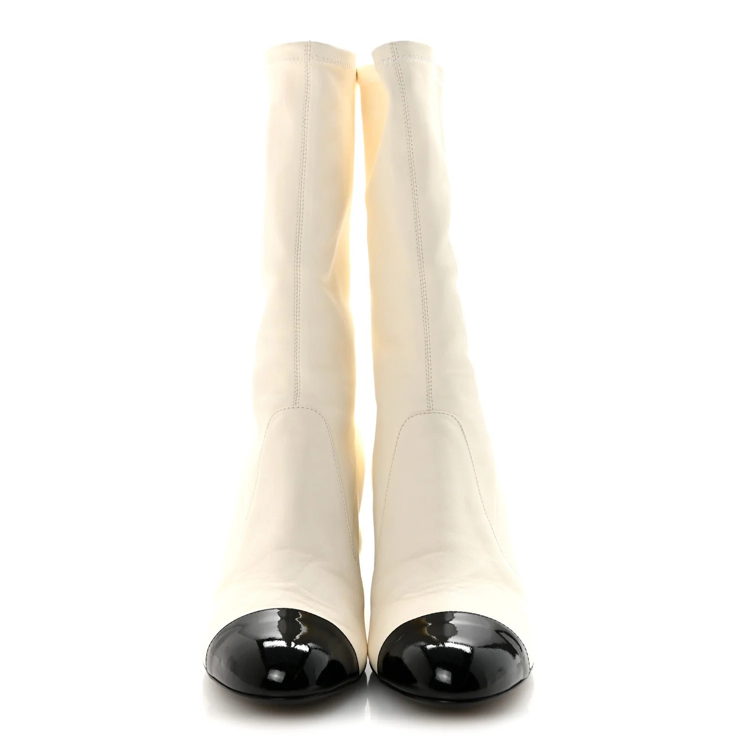 Stretch Lambskin Patent Cap Toe Pearl Ball Mid Calf Boots 40 White Black - Image 3