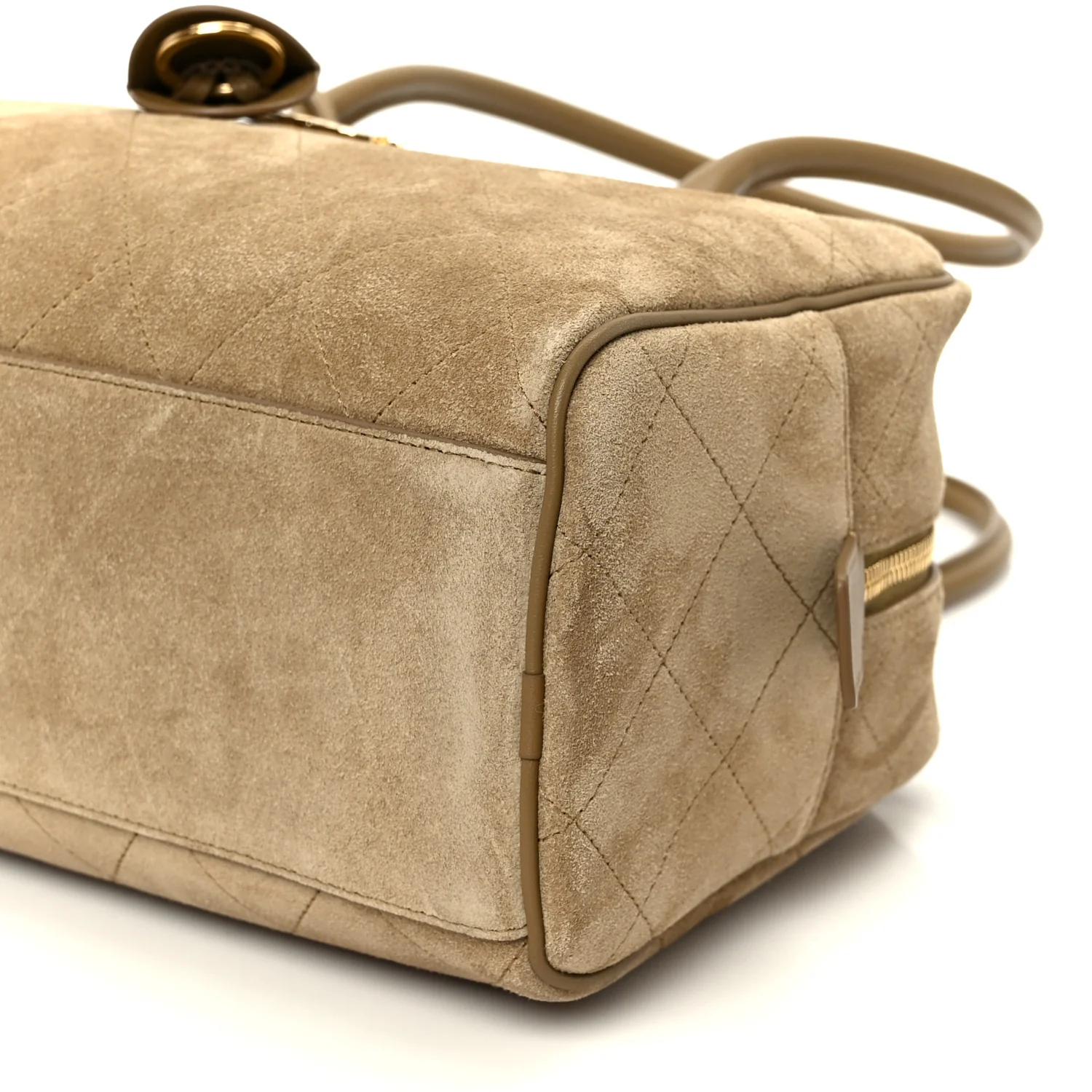 Suede Calfskin Large Perfect Bowling Bag Dark Beige - Image 16