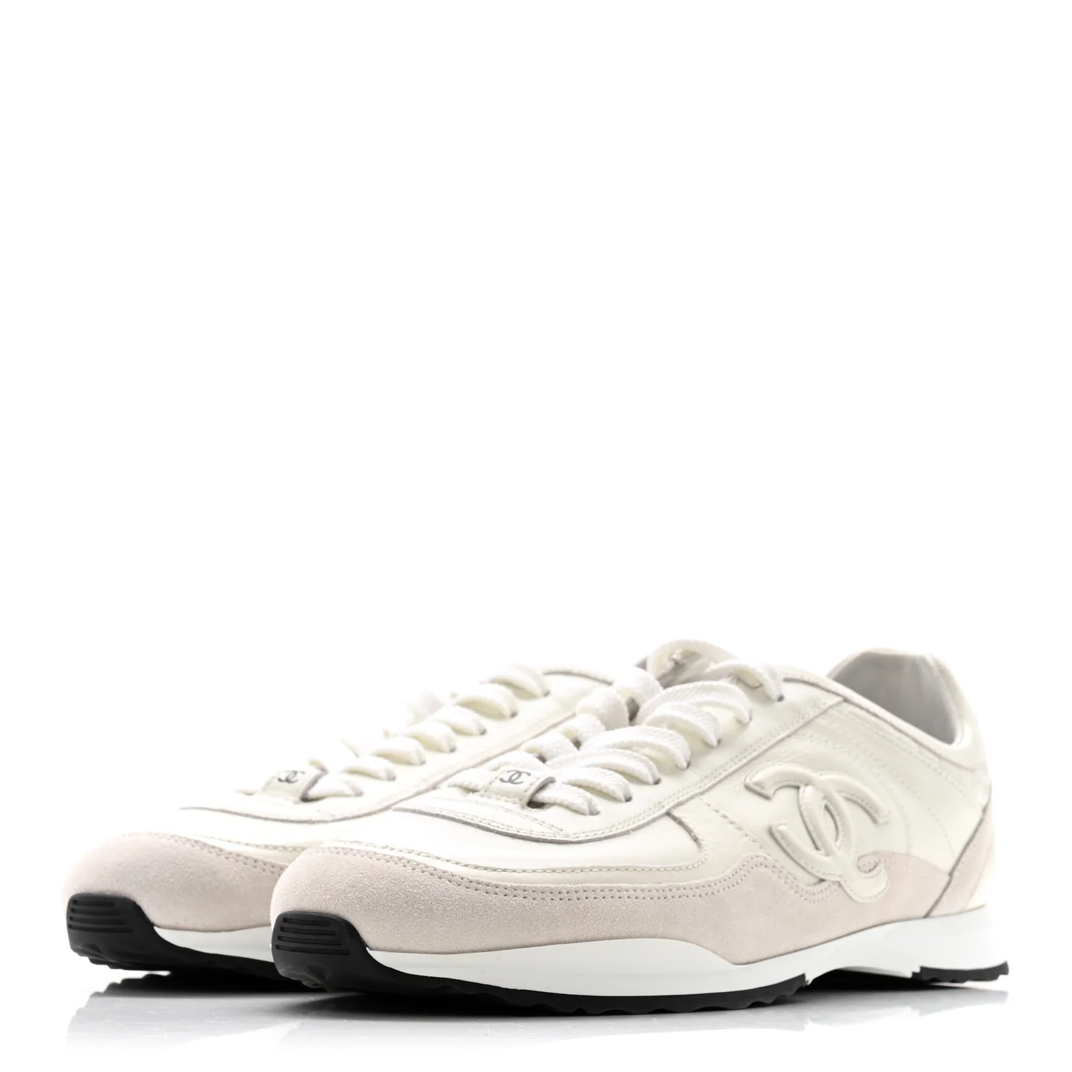 Suede Calfskin Quilted CC Sneakers 38.5 White Black - Image 4