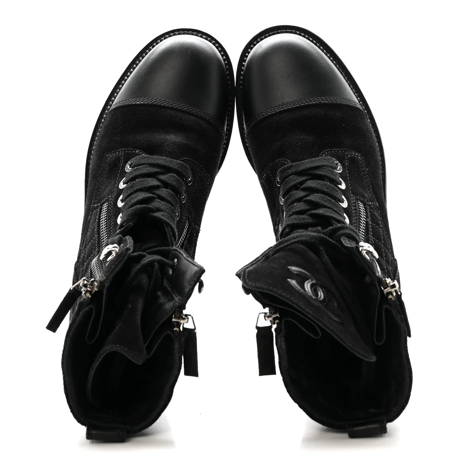 Suede Calfskin Quilted Lace Up Boots 38 Black - Image 4