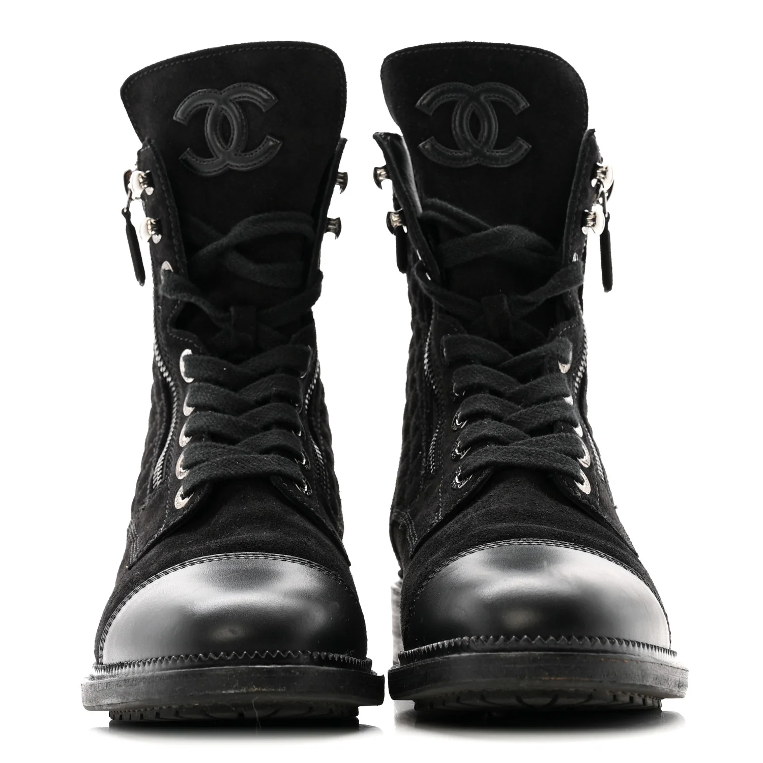 Suede Calfskin Quilted Lace Up Boots 38 Black - Image 6