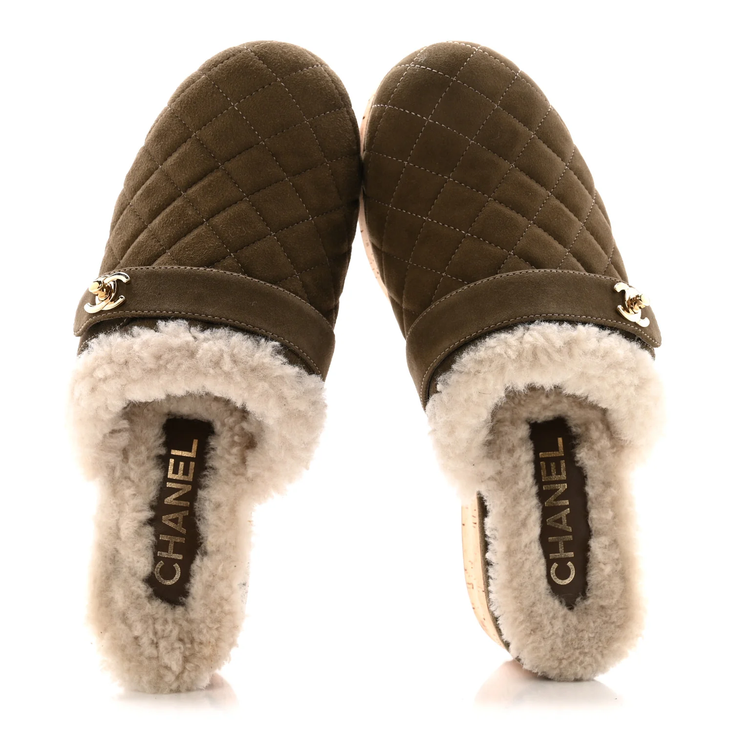 Suede Calfskin Shearling Turn Lock Clogs 38 Green - Image 2