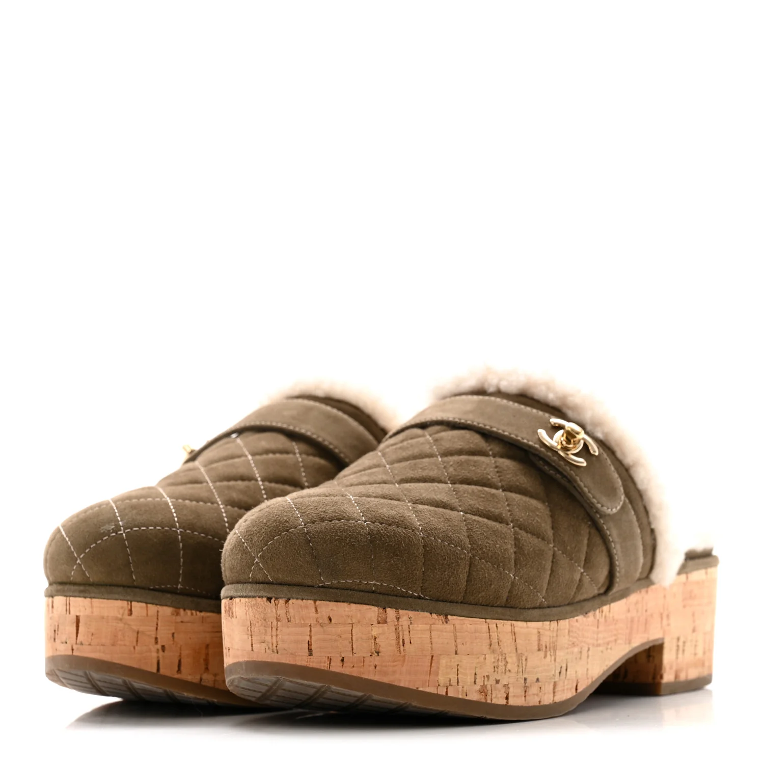 Suede Calfskin Shearling Turn Lock Clogs 38 Green - Image 4