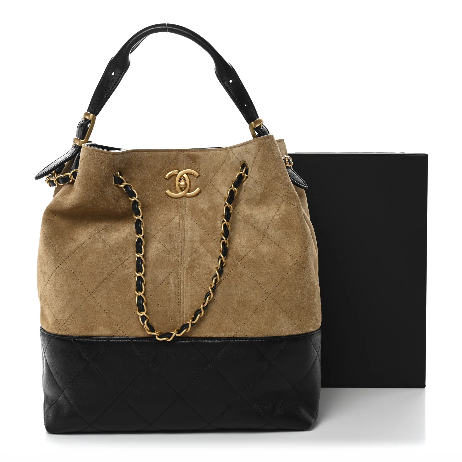 Suede Calfskin Shiny Lambskin Quilted Coco Base Shopping Bag Beige Black - Image 11