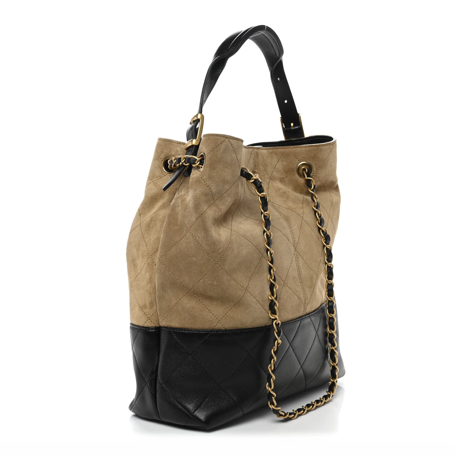 Suede Calfskin Shiny Lambskin Quilted Coco Base Shopping Bag Beige Black - Image 3
