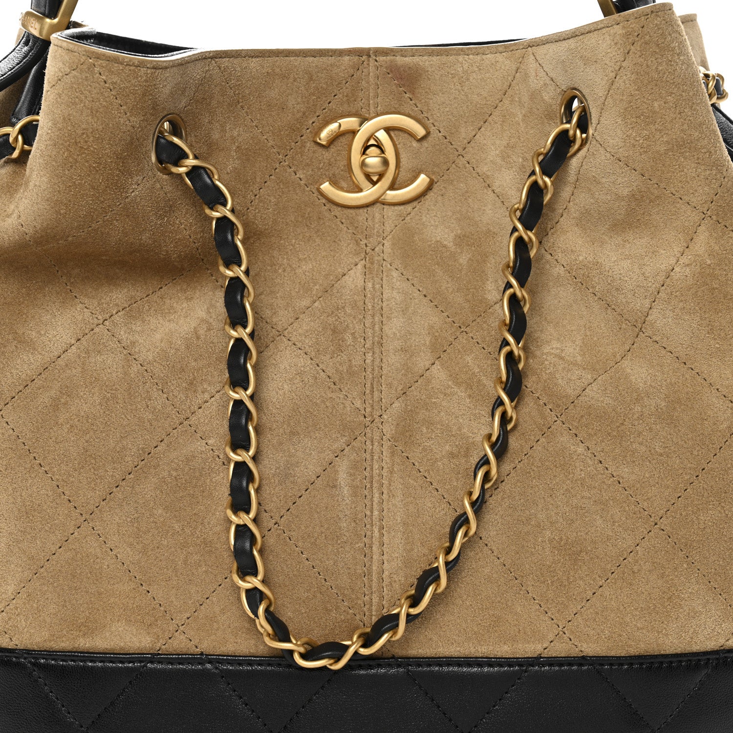 Suede Calfskin Shiny Lambskin Quilted Coco Base Shopping Bag Beige Black - Image 8