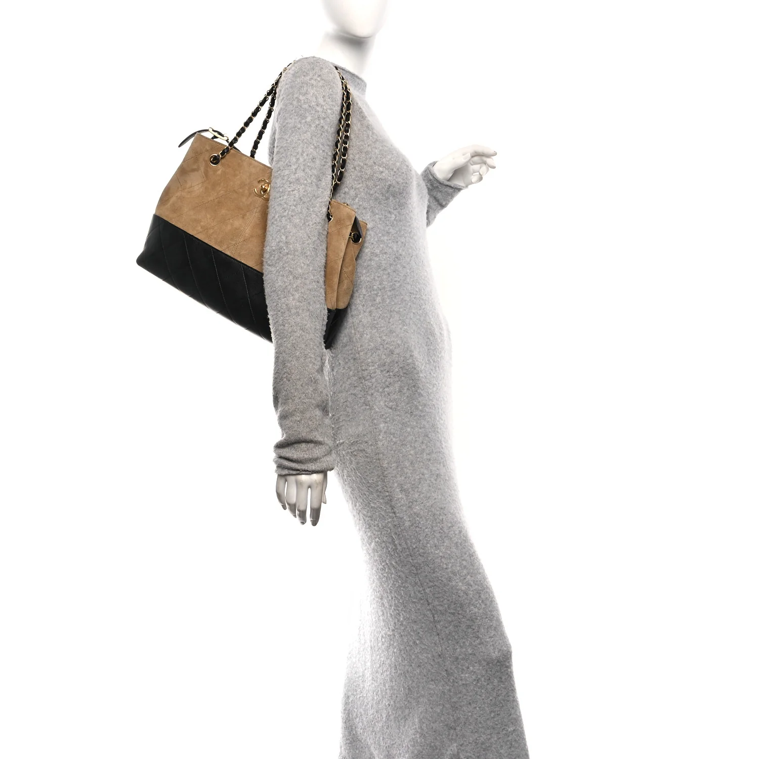 Suede Calfskin Shiny Lambskin Quilted Small Coco Base Shopping Bag Beige Black - Image 2