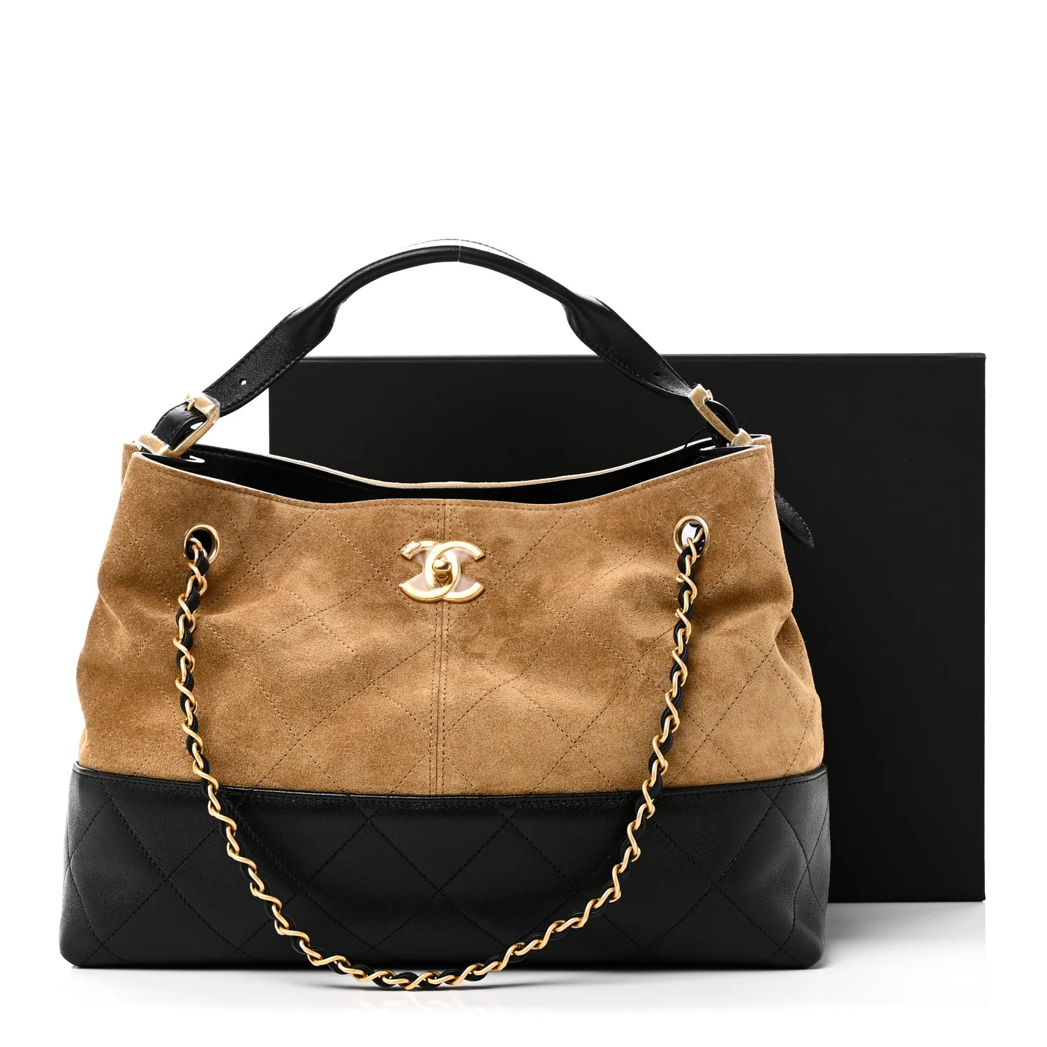 Suede Calfskin Shiny Lambskin Quilted Small Coco Base Shopping Bag Beige Black - Image 11
