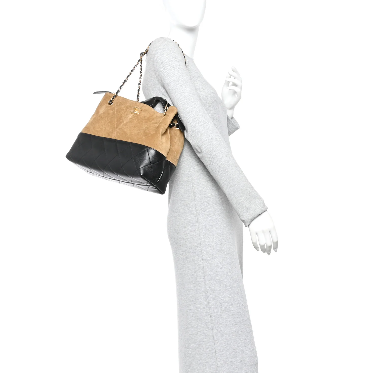 Suede Calfskin Shiny Lambskin Quilted Small Coco Base Shopping Bag Beige Black - Image 3