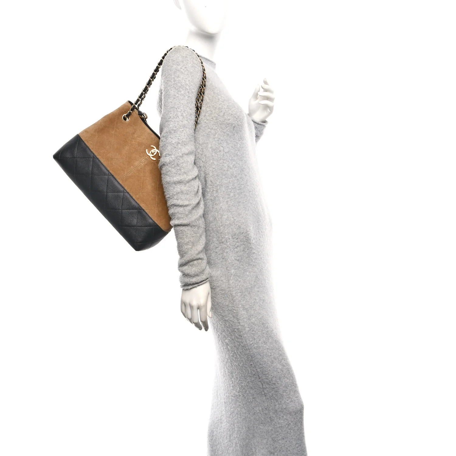 Suede Calfskin Shiny Lambskin Quilted Small Coco Base Shopping Bag Beige Black - Image 2