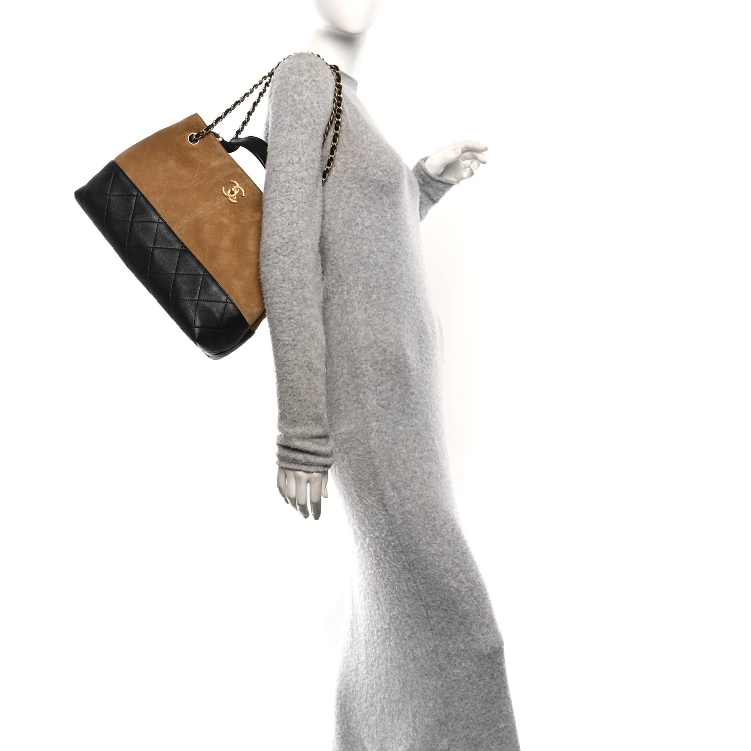 Suede Calfskin Shiny Lambskin Quilted Small Coco Base Shopping Bag Beige Black - Image 2