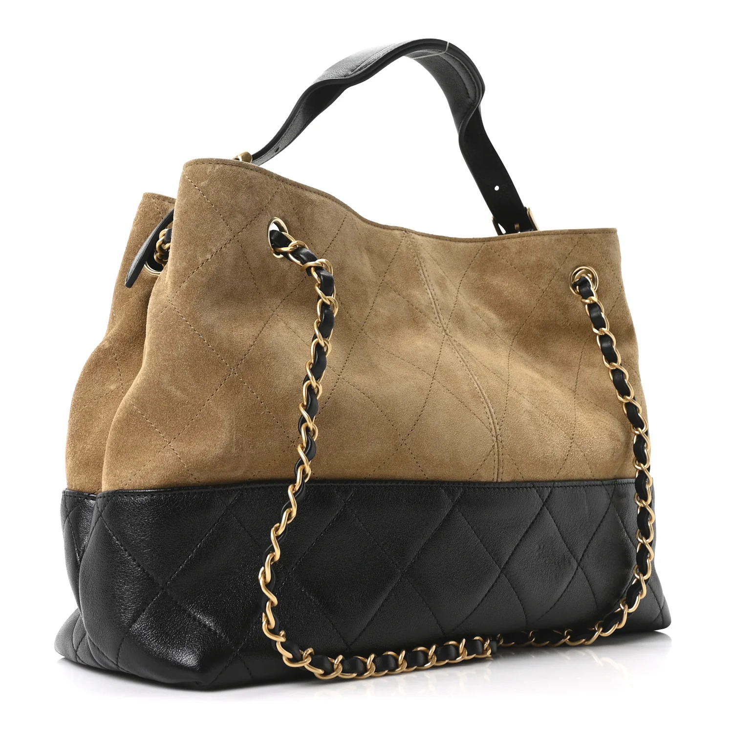 Suede Calfskin Shiny Lambskin Quilted Small Coco Base Shopping Bag Beige Black - Image 3