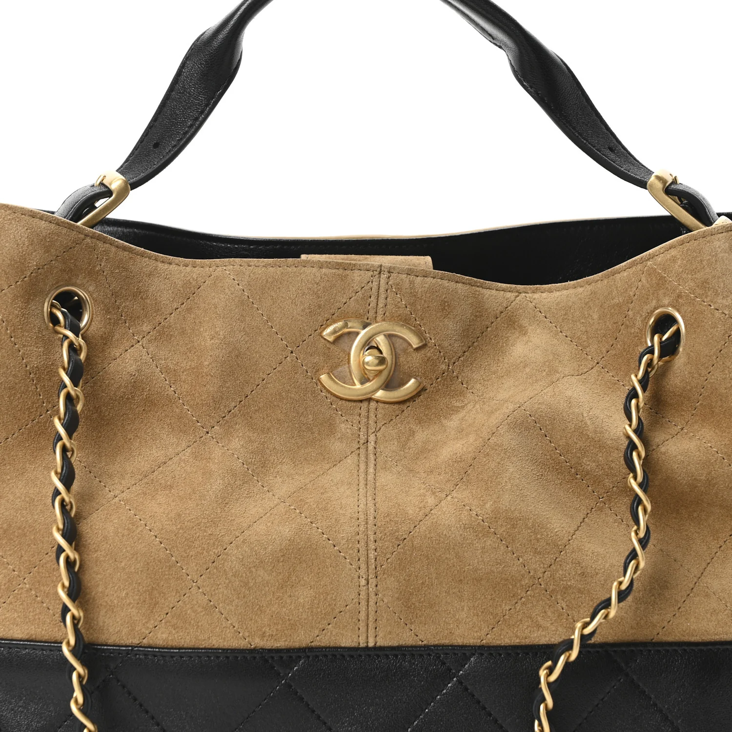 Suede Calfskin Shiny Lambskin Quilted Small Coco Base Shopping Bag Beige Black - Image 8