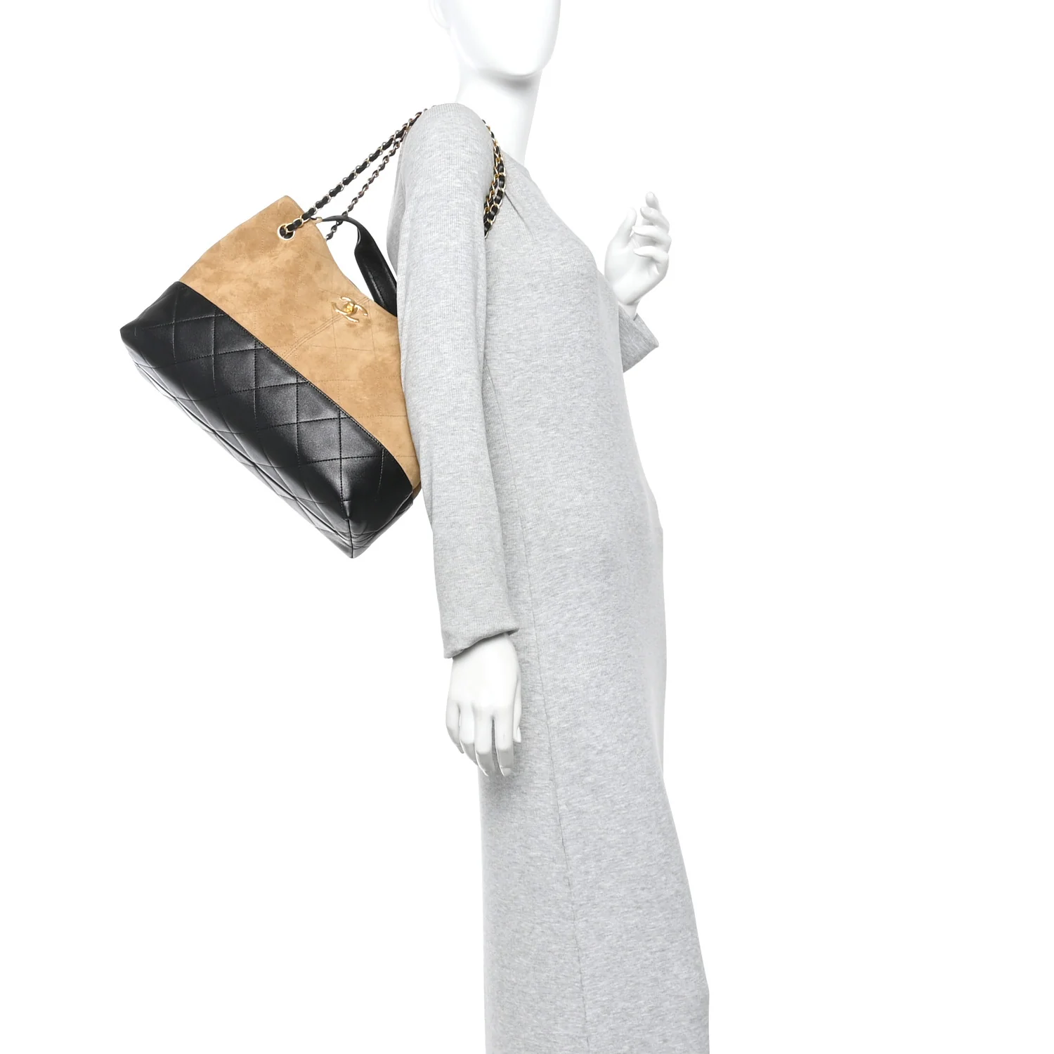 Suede Calfskin Shiny Lambskin Quilted Small Coco Base Shopping Bag Beige Black - Image 2