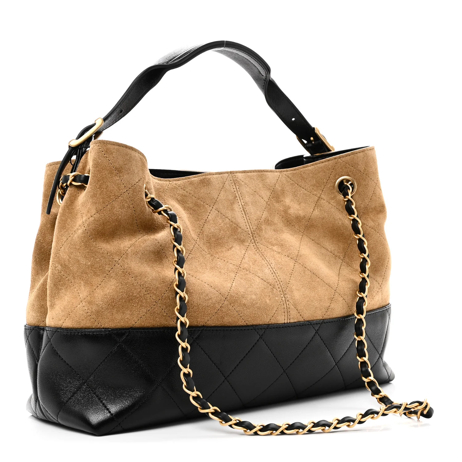 Suede Calfskin Shiny Lambskin Quilted Small Coco Base Shopping Bag Beige Black - Image 3