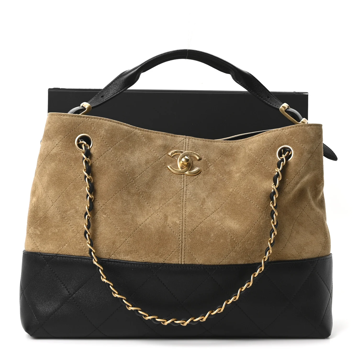 Suede Calfskin Shiny Lambskin Quilted Small Coco Base Shopping Bag Beige Black - Image 11