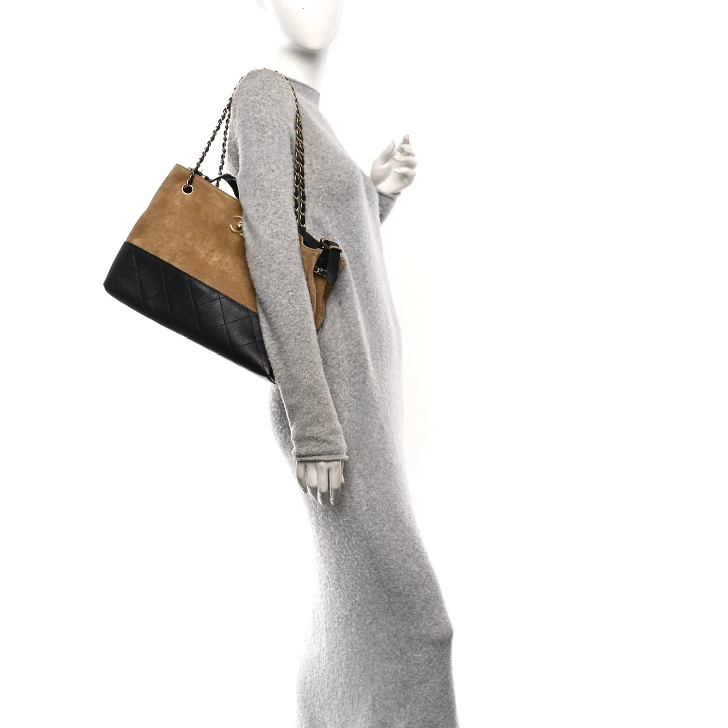 Suede Calfskin Shiny Lambskin Quilted Small Coco Base Shopping Bag Beige Black - Image 2