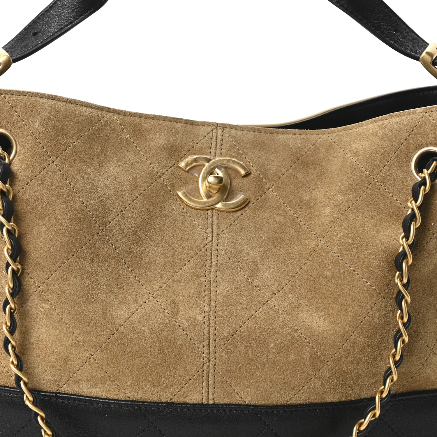Suede Calfskin Shiny Lambskin Quilted Small Coco Base Shopping Bag Beige Black - Image 8