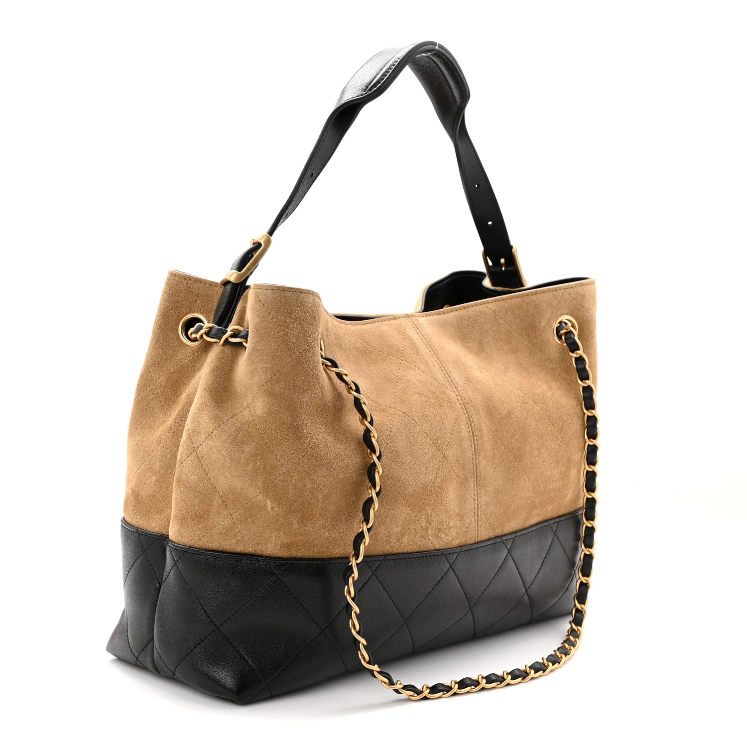 Suede Calfskin Shiny Lambskin Quilted Small Coco Base Shopping Bag Beige Black - Image 3