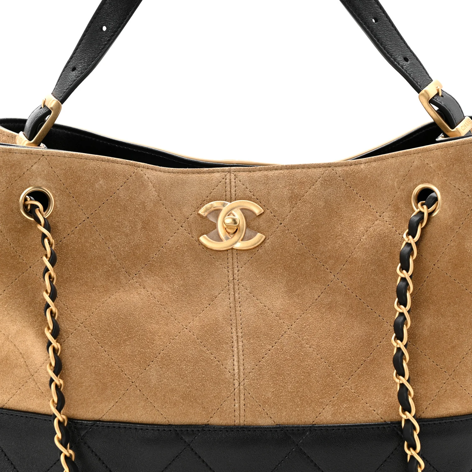 Suede Calfskin Shiny Lambskin Quilted Small Coco Base Shopping Bag Beige Black - Image 8