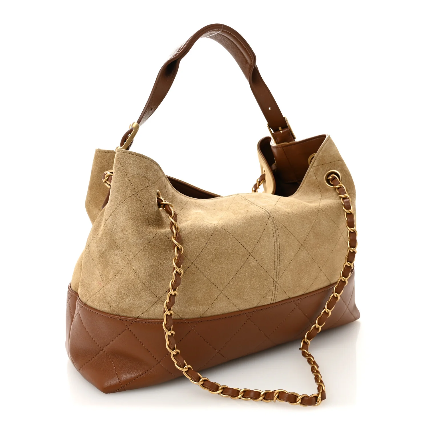 Suede Calfskin Shiny Lambskin Quilted Small Coco Base Shopping Bag Beige Brown - Image 3