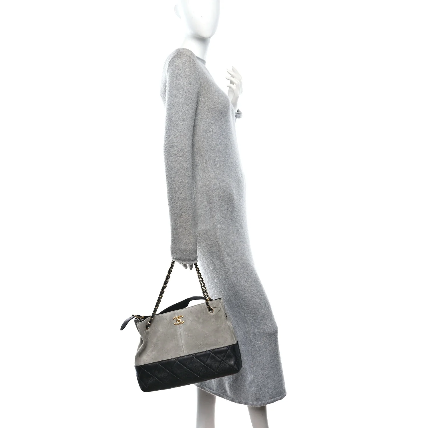 Suede Calfskin Shiny Lambskin Quilted Small Coco Base Shopping Bag Grey Black - Image 3