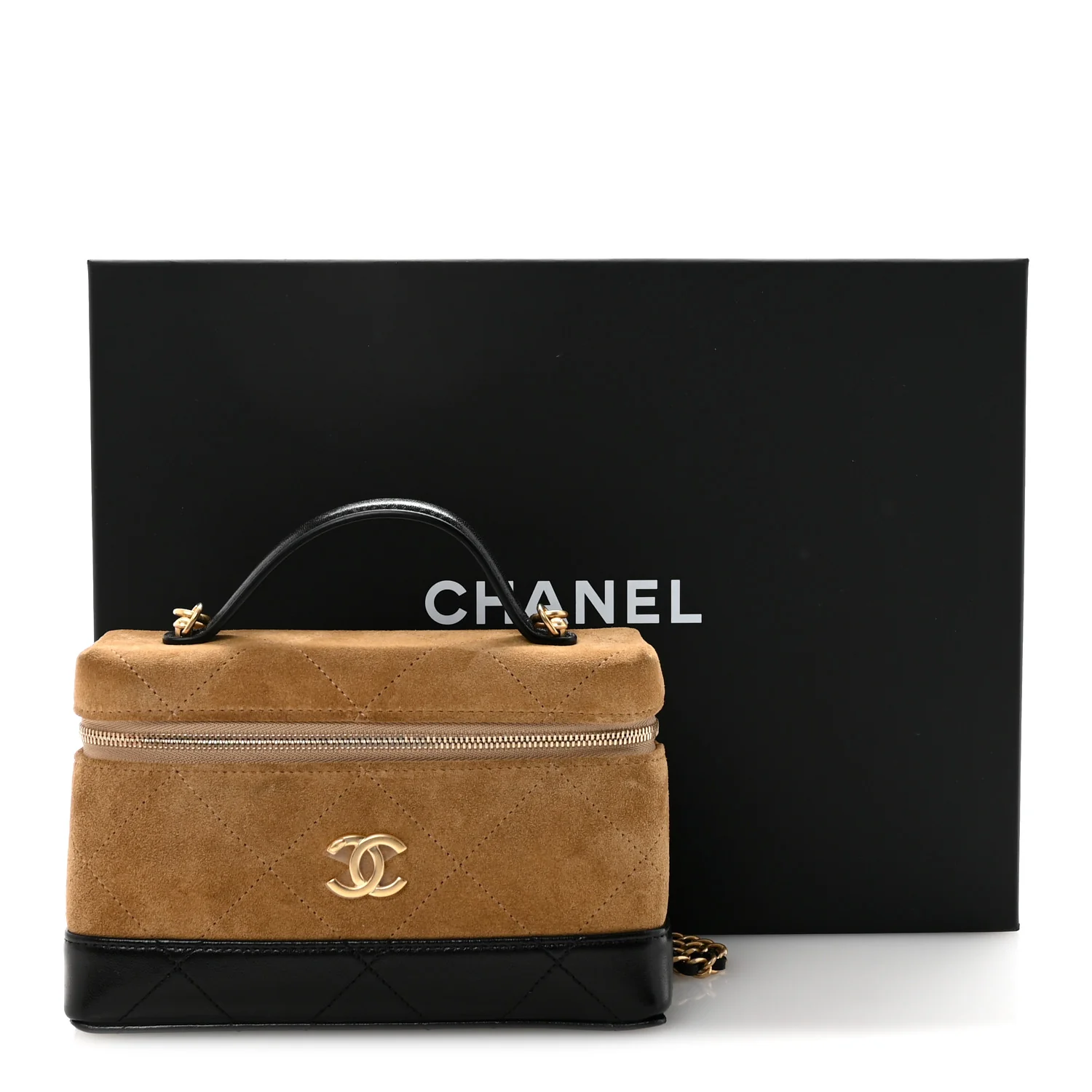Suede Calfskin Shiny Lambskin Quilted Top Handle Slim Vanity Case With Chain Beige Black - Image 11