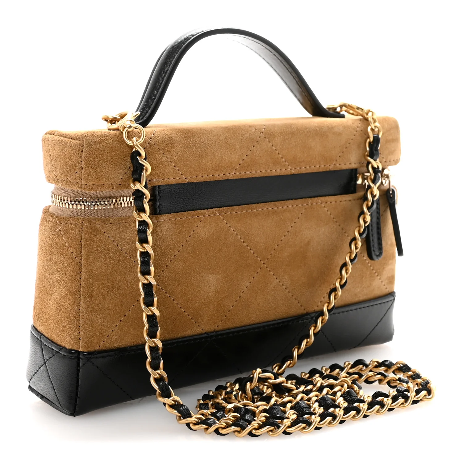 Suede Calfskin Shiny Lambskin Quilted Top Handle Slim Vanity Case With Chain Beige Black - Image 3