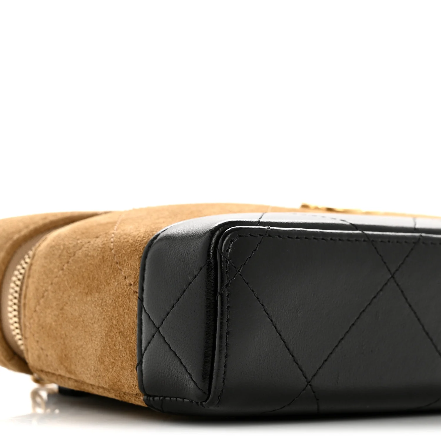 Suede Calfskin Shiny Lambskin Quilted Top Handle Slim Vanity Case With Chain Beige Black - Image 9
