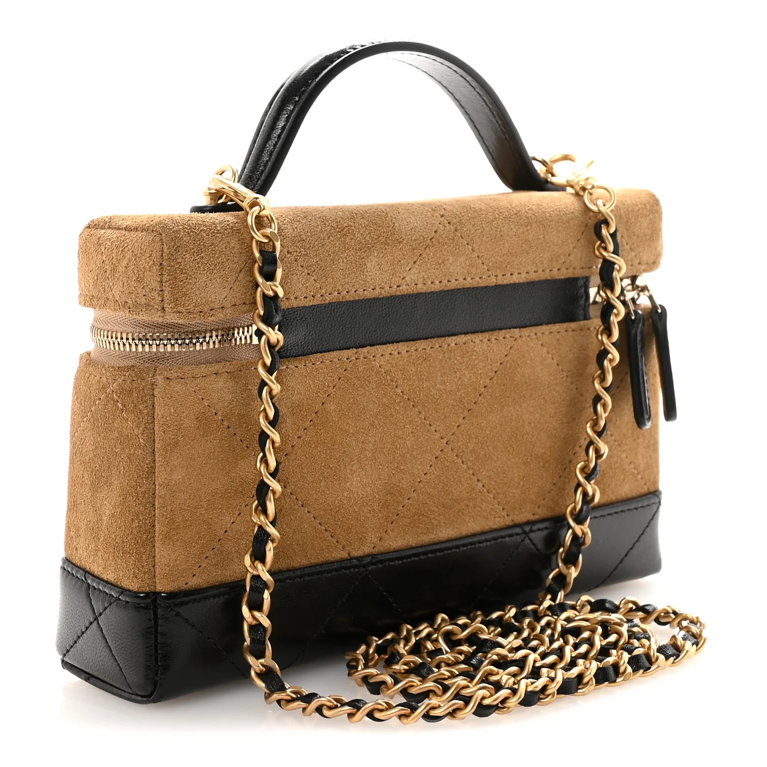 Suede Calfskin Shiny Lambskin Quilted Top Handle Slim Vanity Case With Chain Beige Black - Image 3