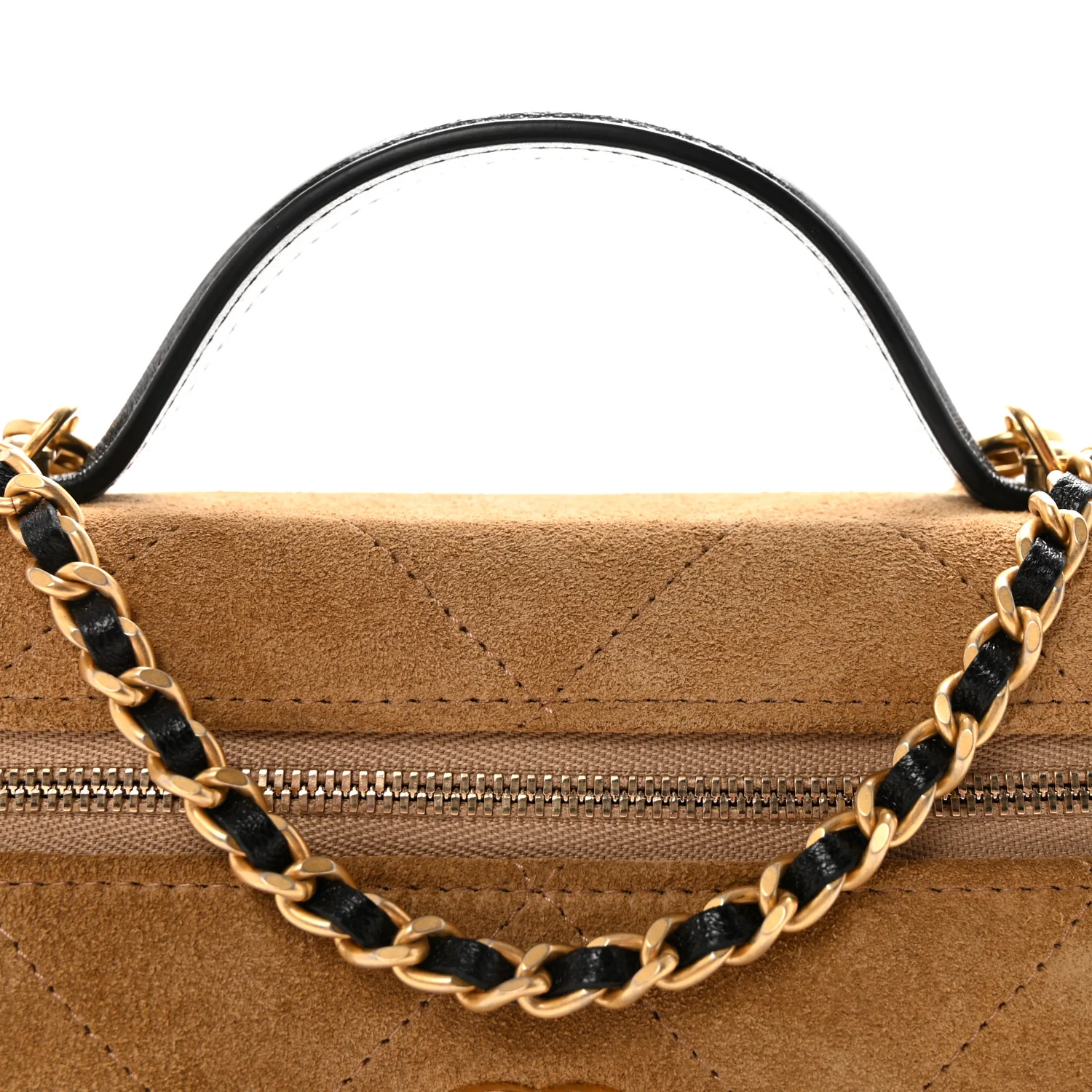 Suede Calfskin Shiny Lambskin Quilted Top Handle Slim Vanity Case With Chain Beige Black - Image 7