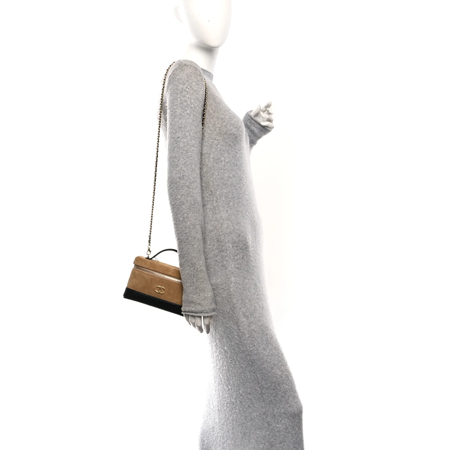 Suede Calfskin Shiny Lambskin Stitched Top Handle Slim Vanity Case With Chain Beige Black - Image 2