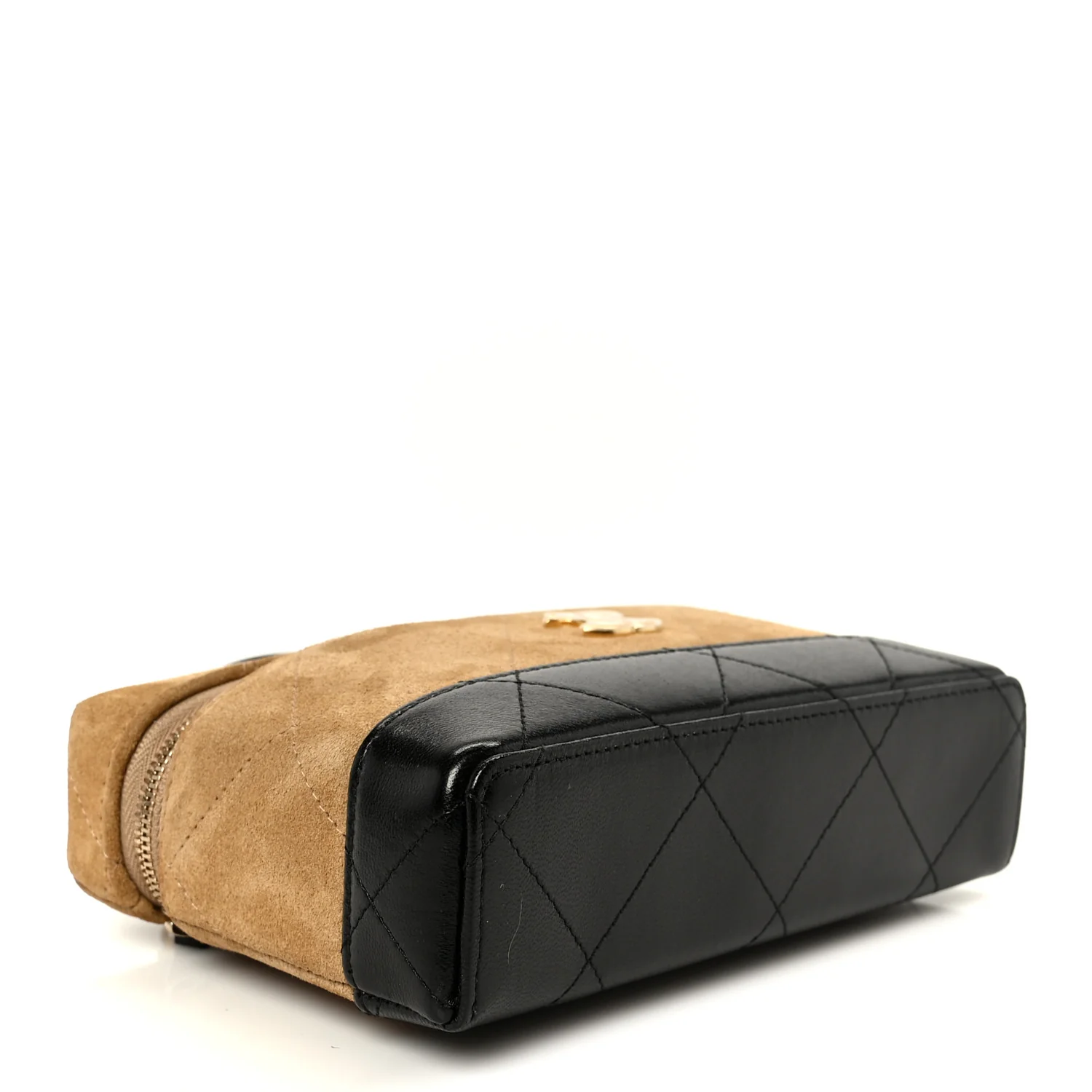 Suede Calfskin Shiny Lambskin Stitched Top Handle Slim Vanity Case With Chain Beige Black - Image 4