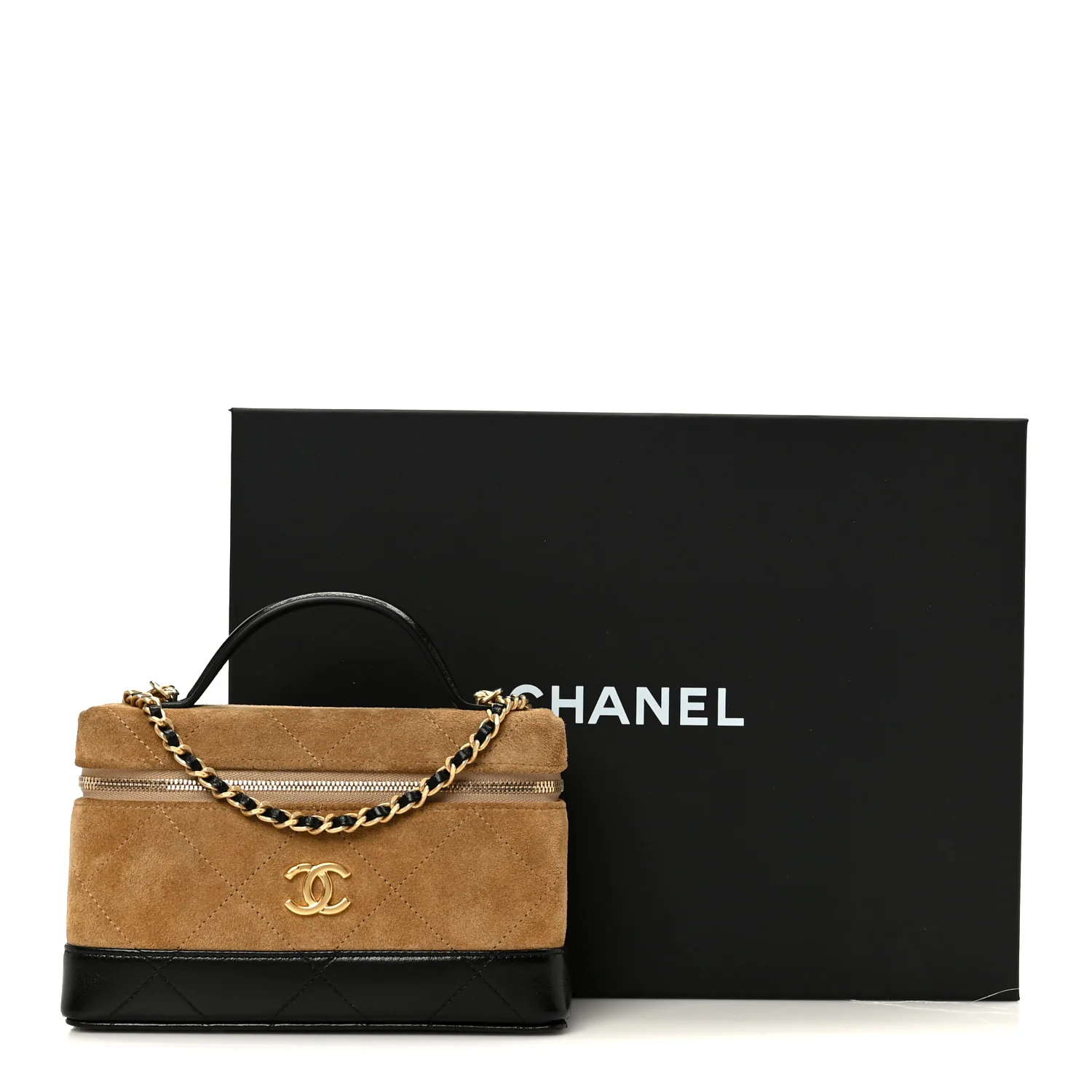 Suede Calfskin Shiny Lambskin Stitched Top Handle Slim Vanity With Chain Beige Black - Image 11