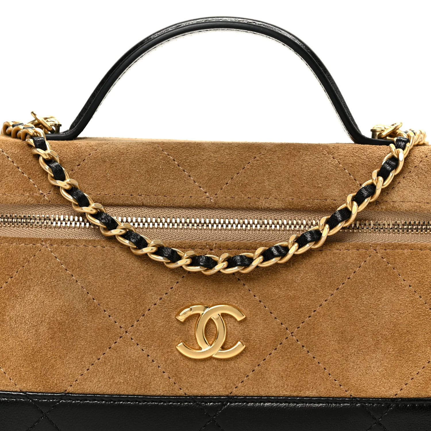 Suede Calfskin Shiny Lambskin Stitched Top Handle Slim Vanity With Chain Beige Black - Image 8