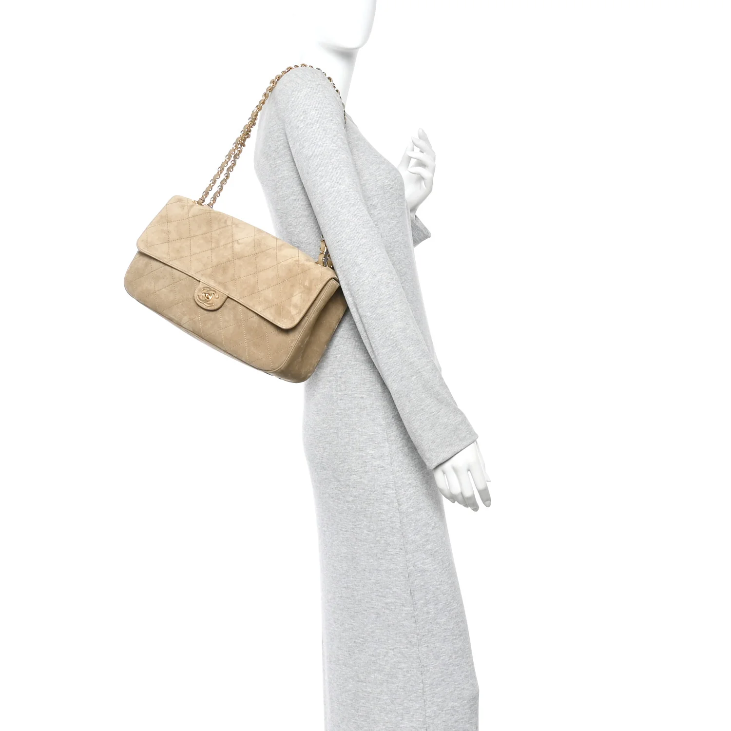 Suede Calfskin Small Souplissimo Maxi Flap Dark Beige - Image 3