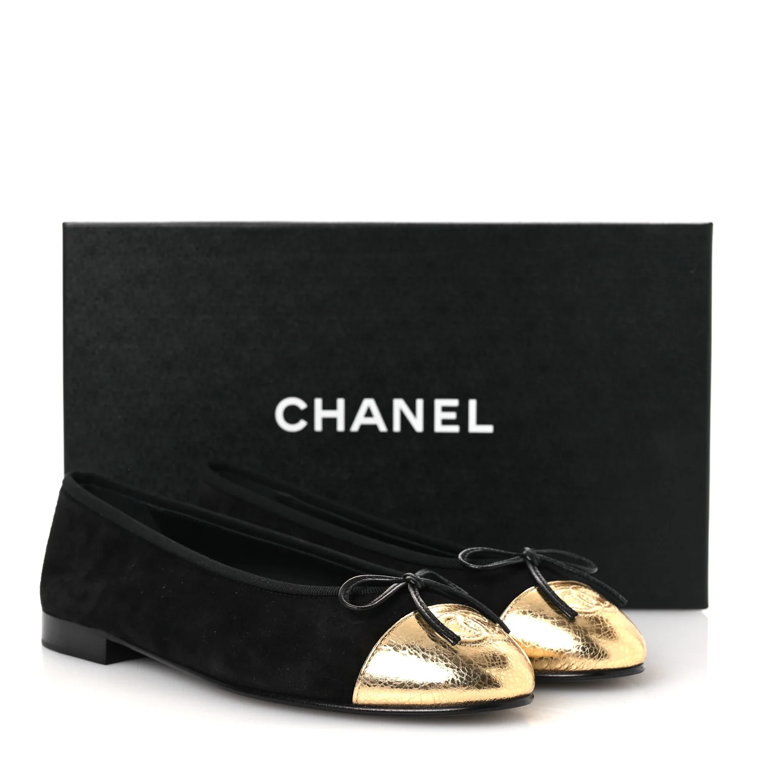 Suede Crackled Laminated Calfskin Cap Toe Ballerina Flats 36.5 Black Gold - Image 11