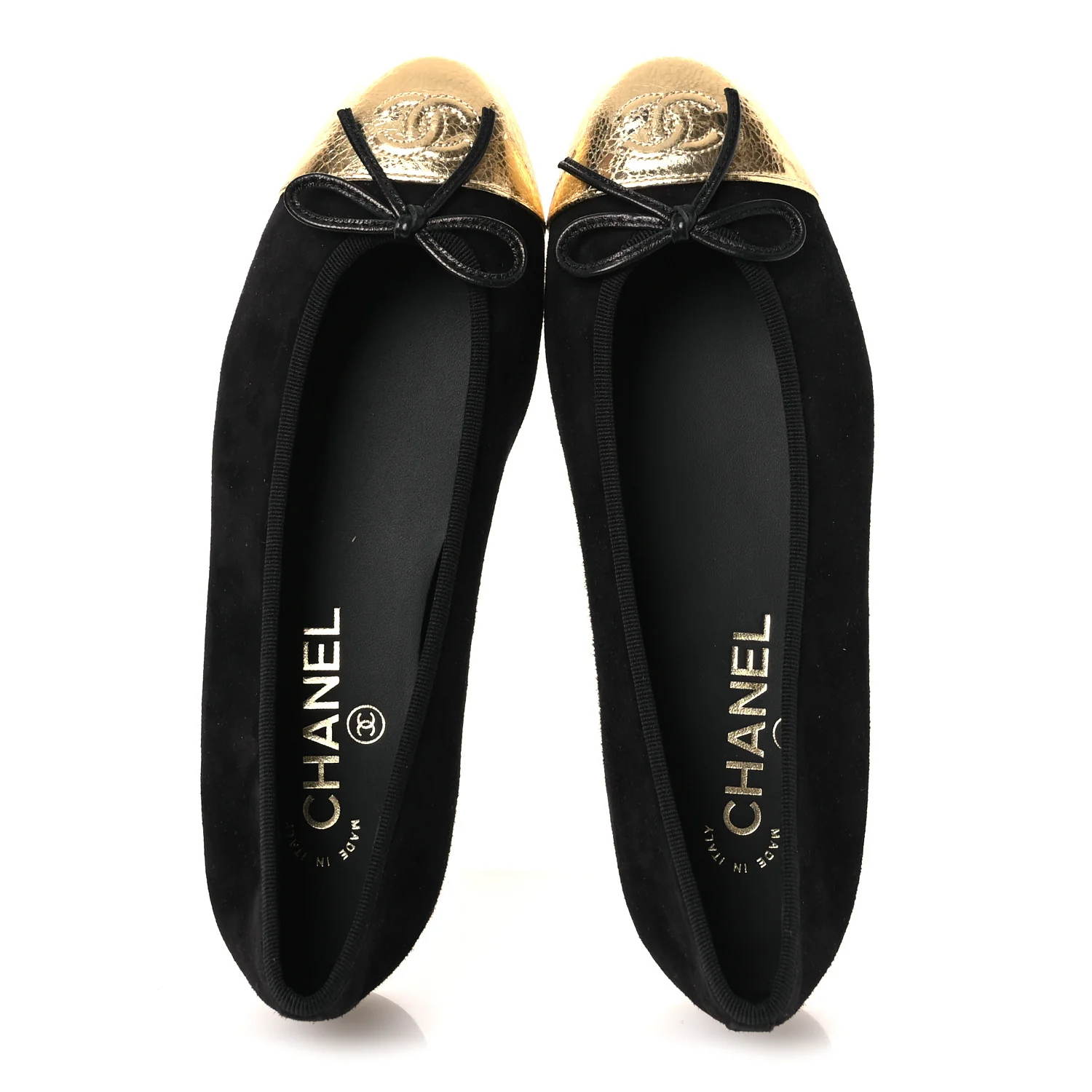 Suede Crackled Laminated Calfskin Cap Toe Ballerina Flats 36.5 Black Gold - Image 2