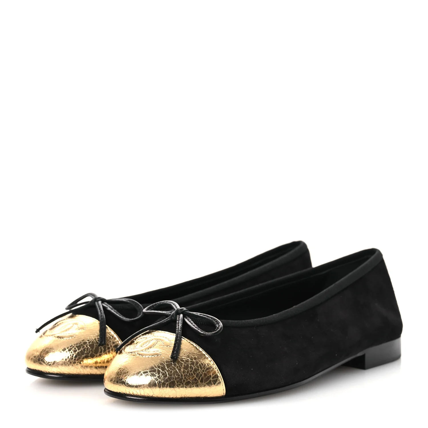 Suede Crackled Laminated Calfskin Cap Toe Ballerina Flats 36.5 Black Gold - Image 4