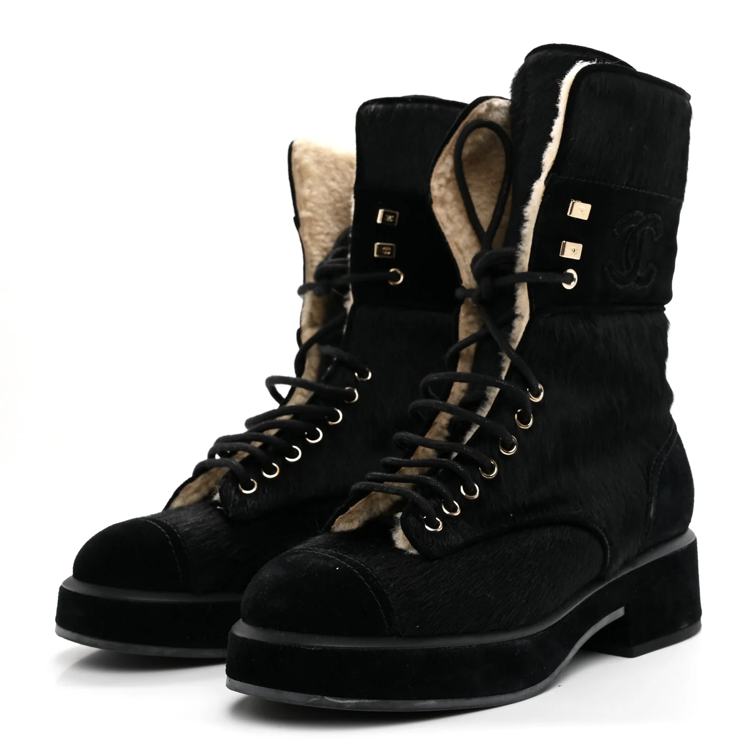 Suede Pony Hair Shearling Lace Up Combat Boots 37.5 Black White - Image 4