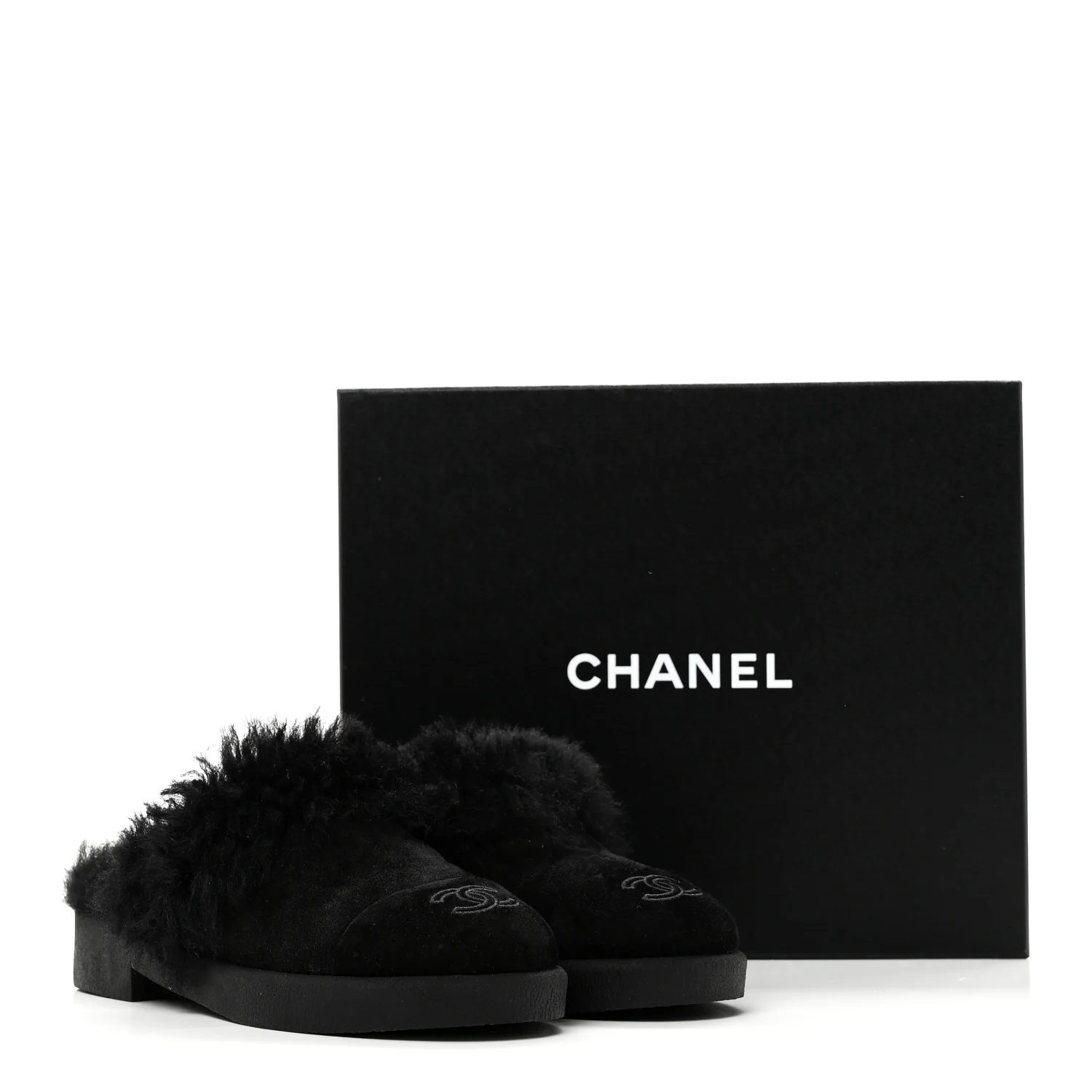 Suede Shearling CC Cap Toe Mules 36 Black - Image 10