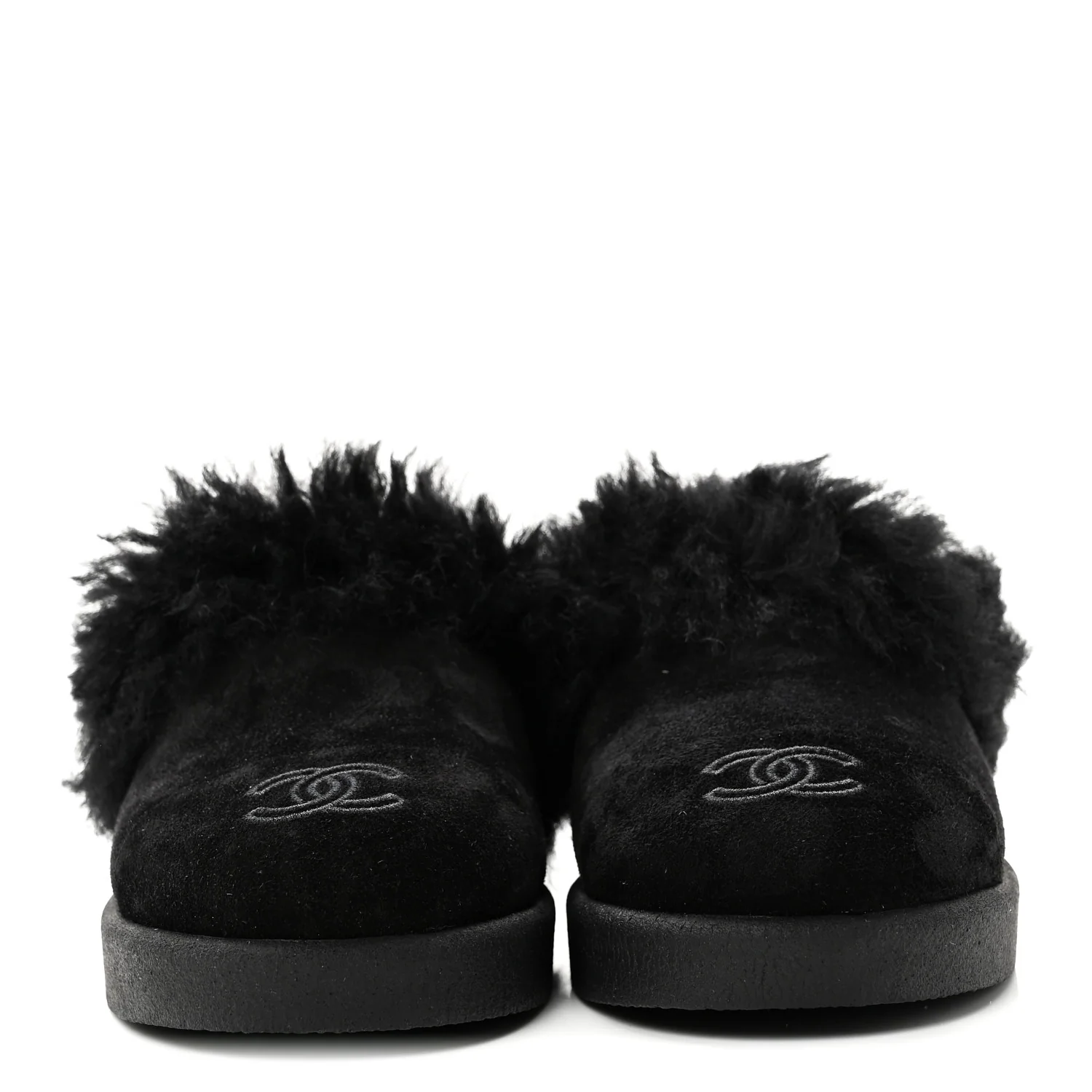 Suede Shearling CC Cap Toe Mules 36 Black - Image 3