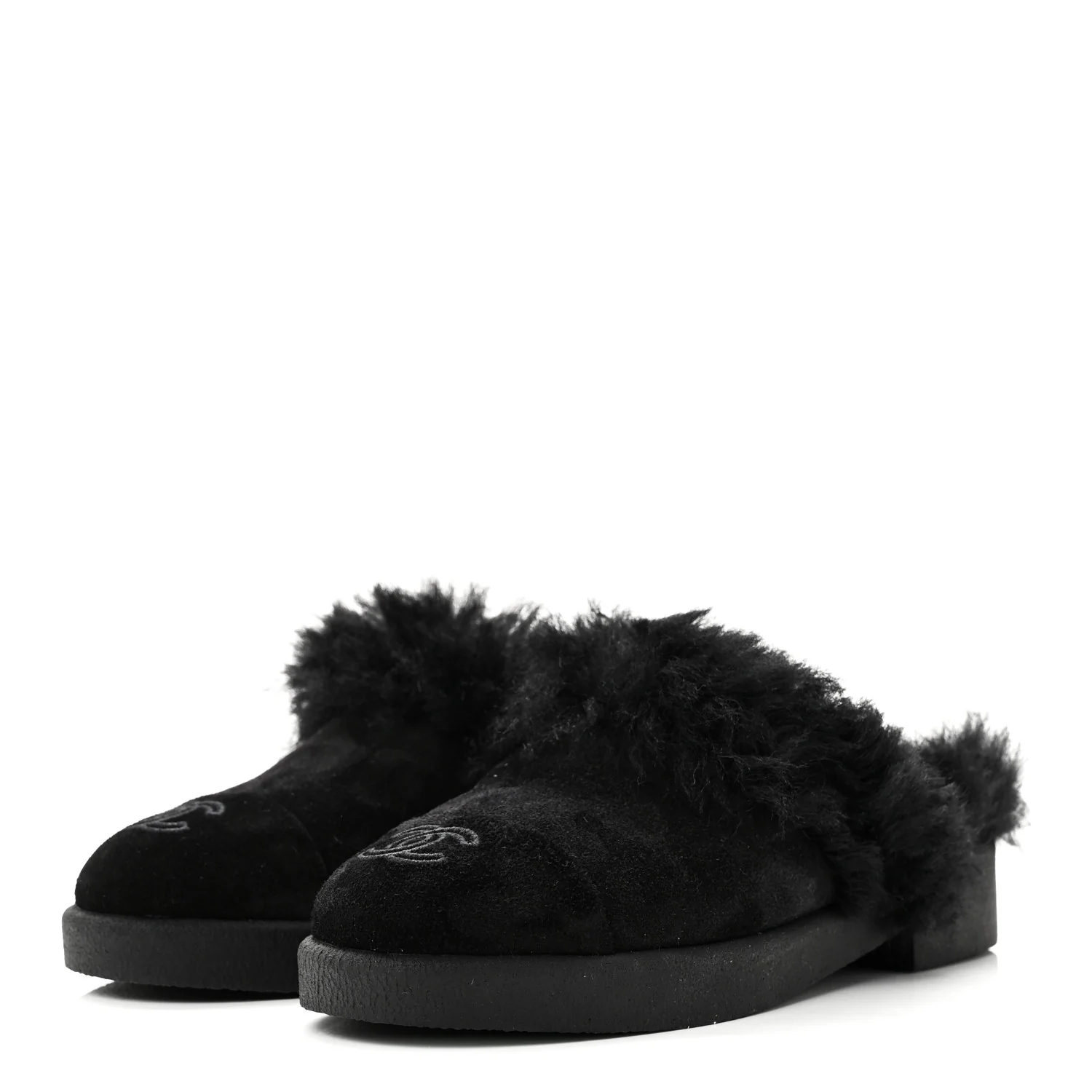 Suede Shearling CC Cap Toe Mules 36 Black - Image 4