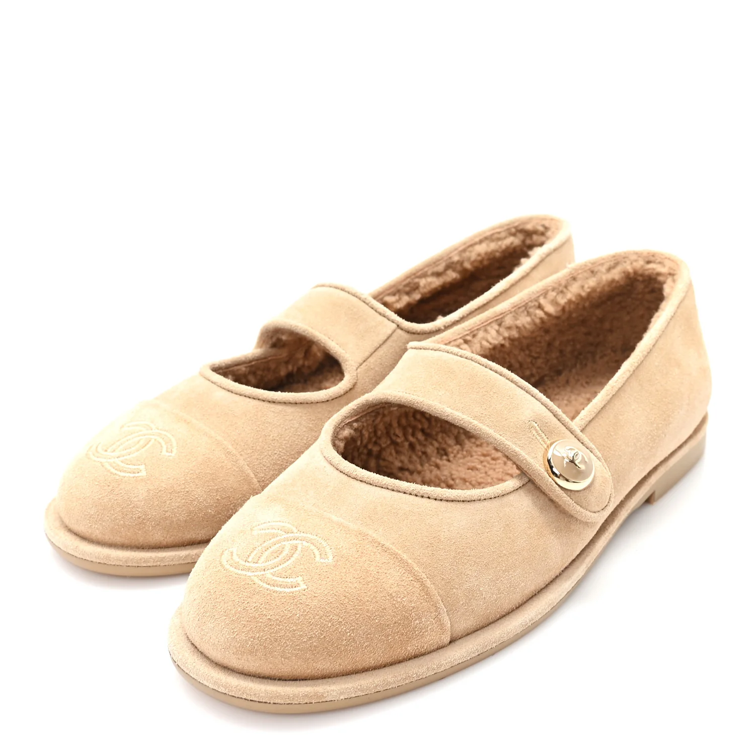 Suede Shearling Mary Jane Flats 36.5 Beige - Image 4