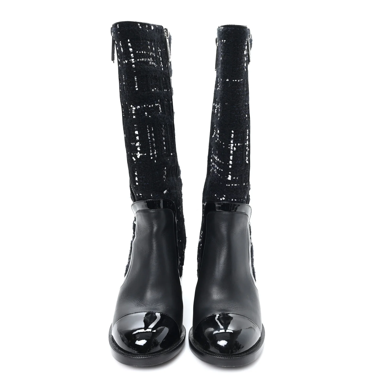 Tweed Calfskin Patent Cap Toe CC High Boots 37.5 Black Navy White - Image 3