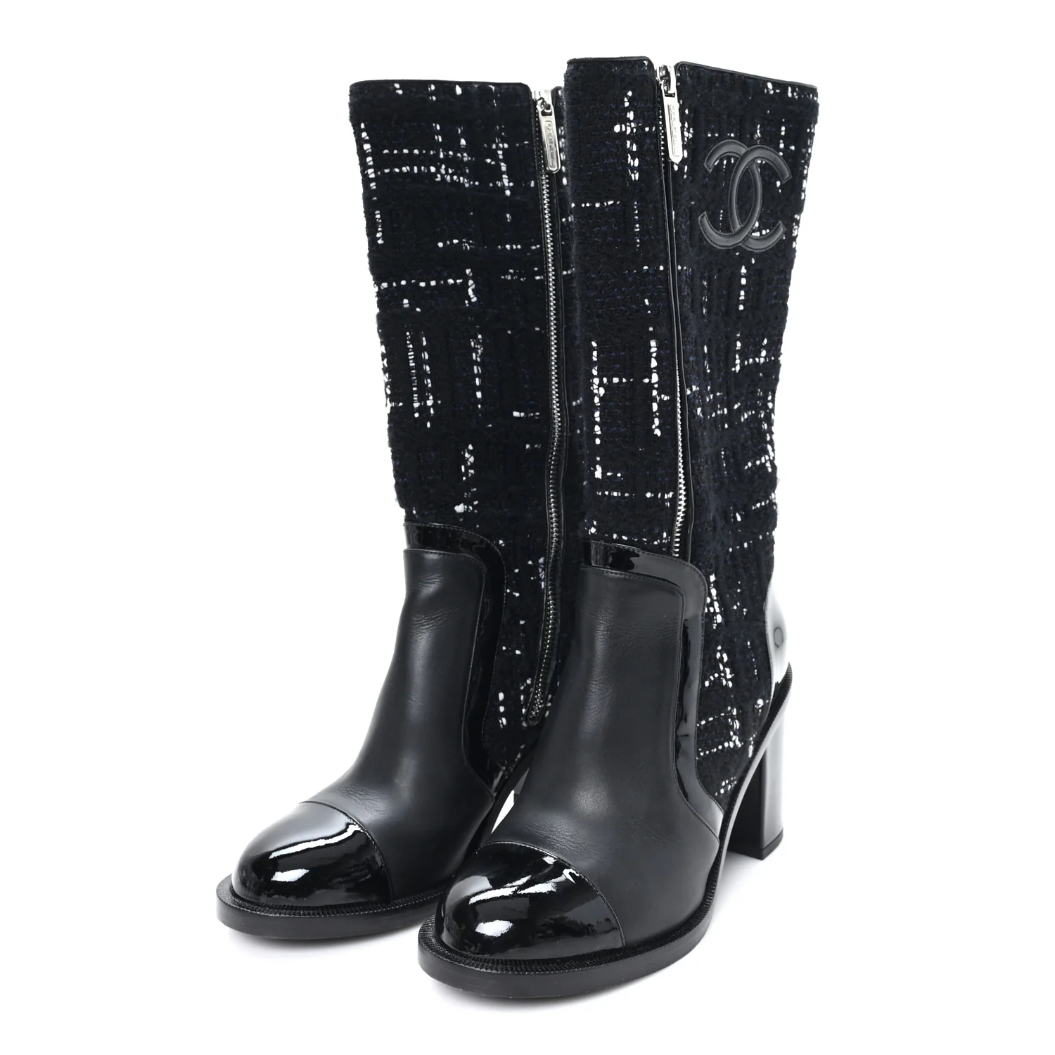 Tweed Calfskin Patent Cap Toe CC High Boots 37.5 Black Navy White - Image 4