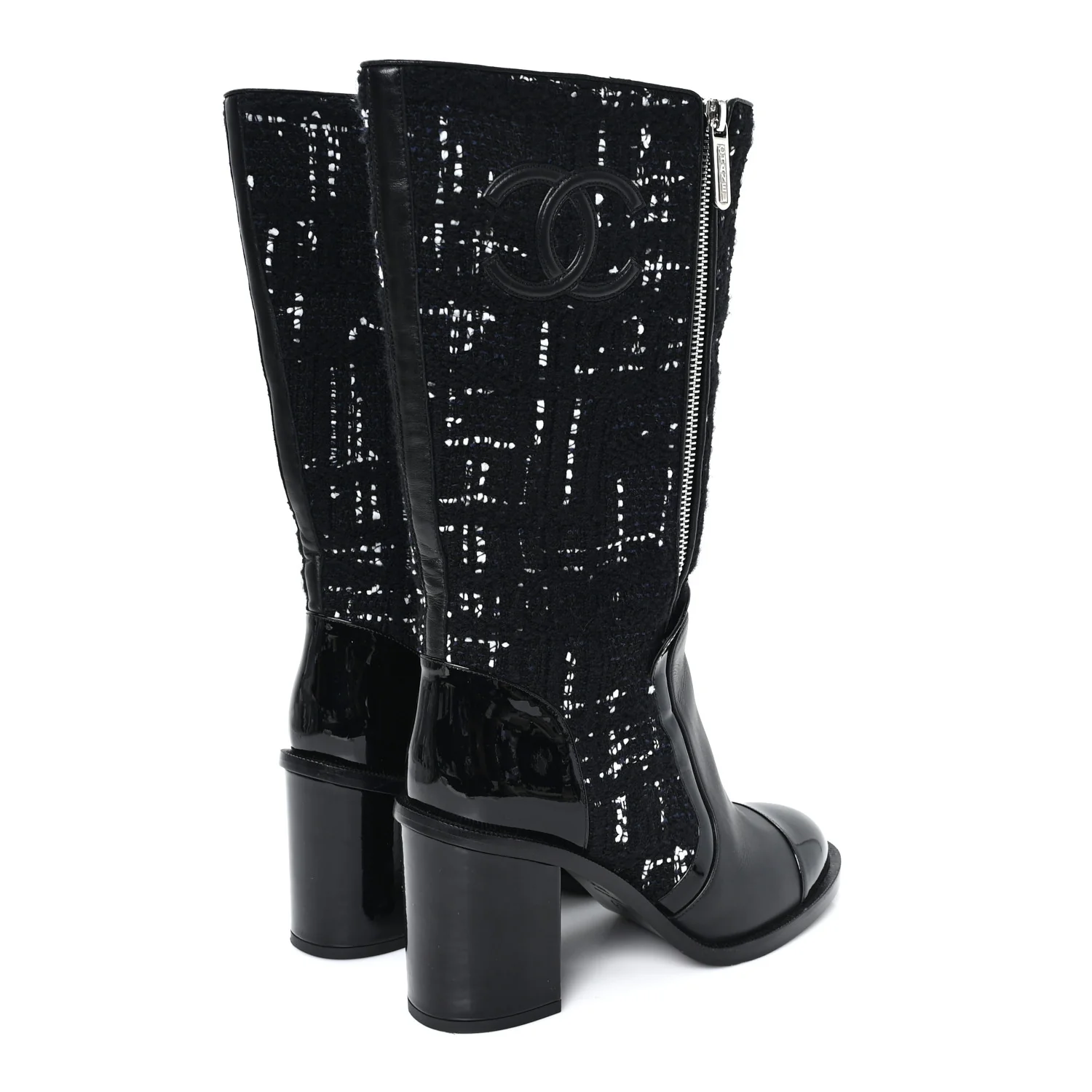 Tweed Calfskin Patent Cap Toe CC High Boots 37.5 Black Navy White - Image 5