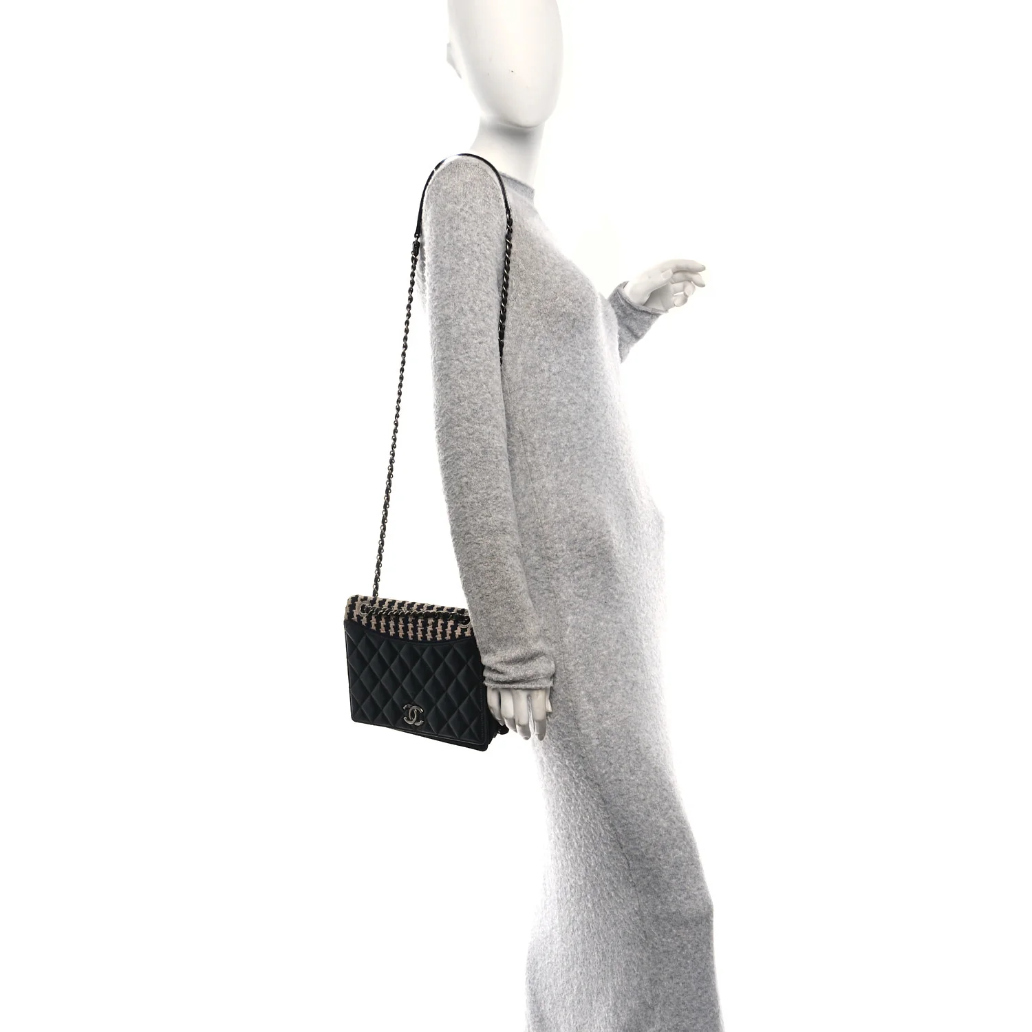 Tweed Calfskin Quilted Ballerine Flap Black Navy Beige - Image 2