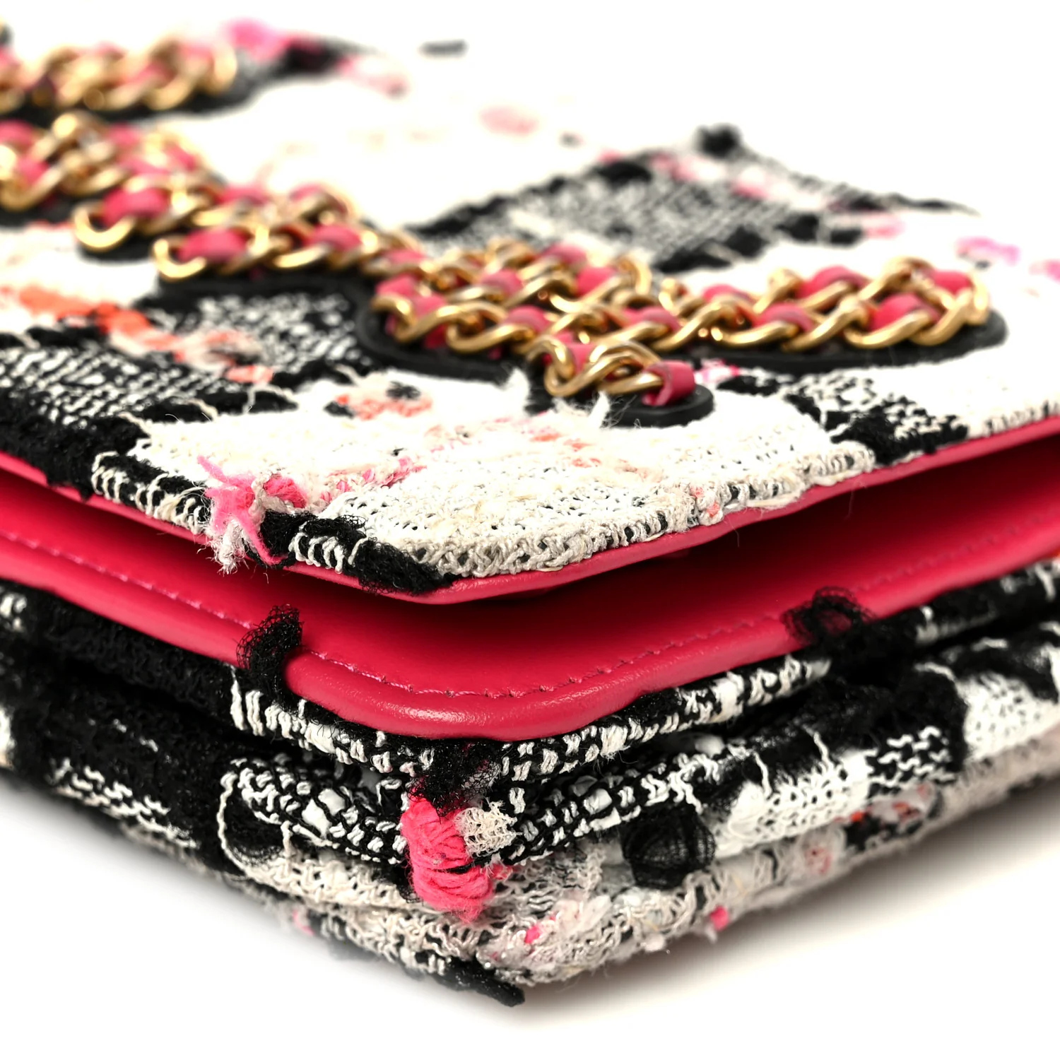 Tweed Calfskin Signe Wallet On Chain WOC Black Pink Orange - Image 11